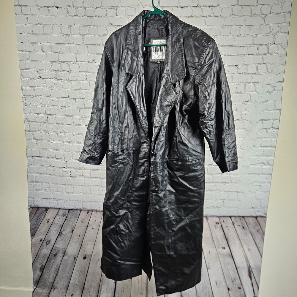 Comint Leather Trench Coat Black Genuine Leather Long Jacket Vintage Mens Medium